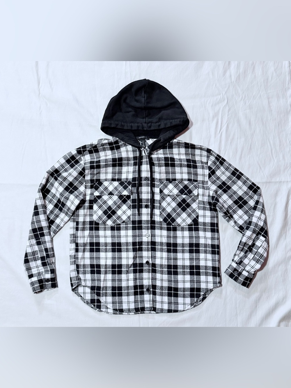 Black & White Plaid Hooded Flannel Button Up Size Small Streetwear Grunge